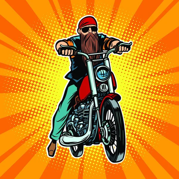 Homem Barbudo Motociclista Numa Mota Desenhos Animados Quadrinhos Pop Arte — Vetor de Stock