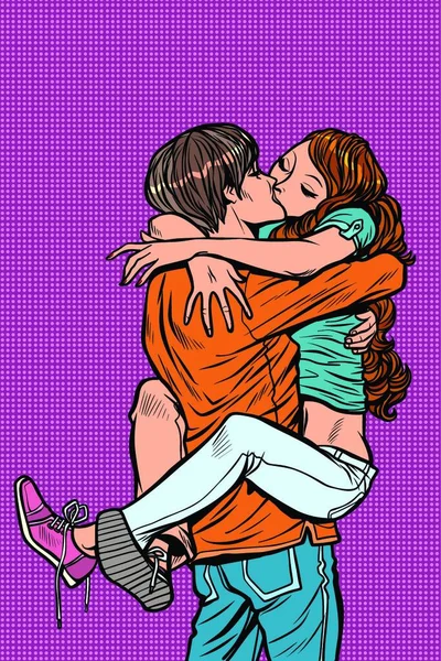 Pareja Amor Abraza Beso Apasionado Hombre Sosteniendo Mujer Sus Brazos — Archivo Imágenes Vectoriales