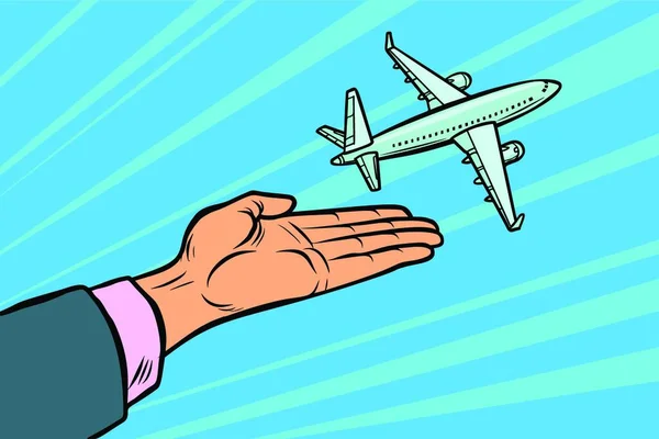 Samolot Odlatuje Jego Rąk Turystyka Lotnicza Komiks Pop Sztuka Ilustracja — Wektor stockowy