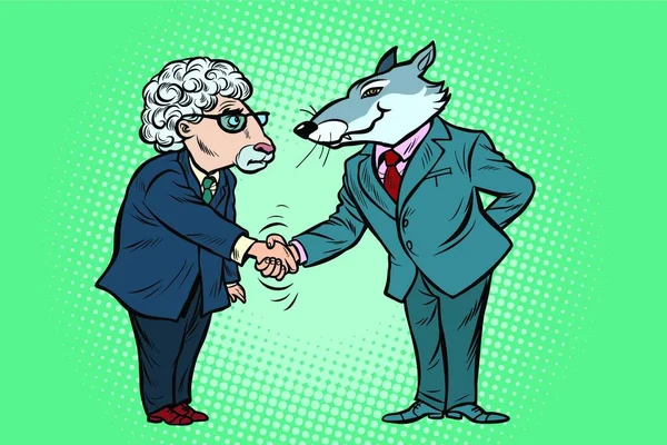 Wolf Sheep Business Negotiations Friendship Comic Cartoon Pop Art Vector — Stock Vector