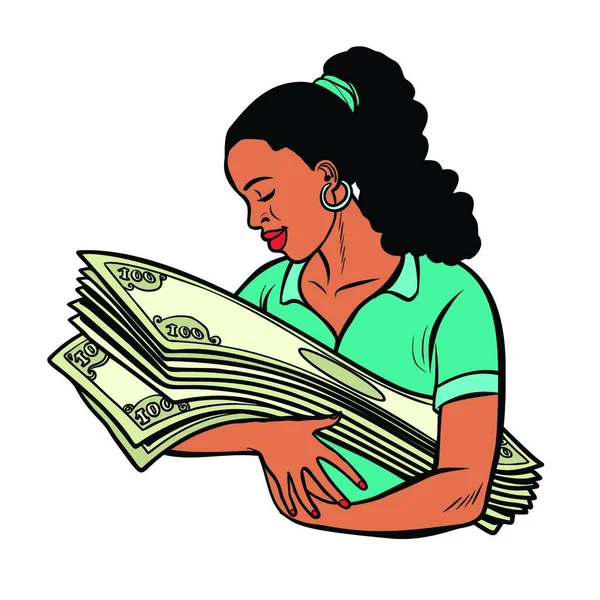 Африканская Женщина Любит Деньги Банковская Лотерея Изолировать Белом Фоне Комический — стоковый вектор
