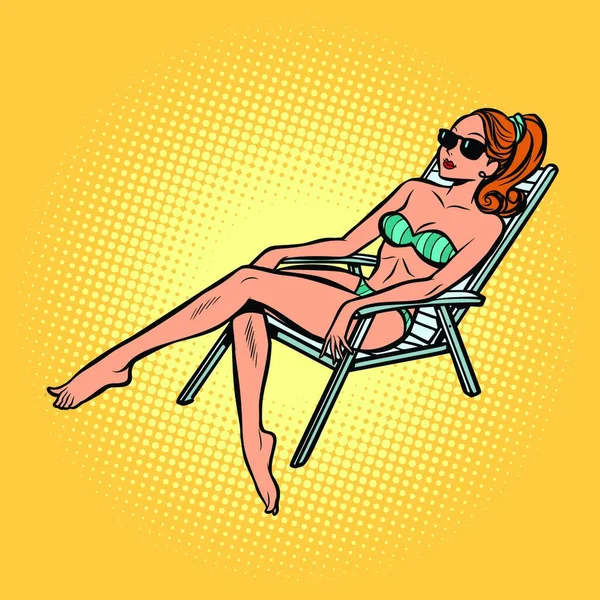 Woman Swimsuit Sunbathing Comic Cartoon Pop Art Vector Retro Vintage — Stock Vector