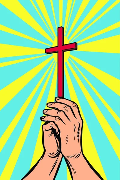Croce Cristiana Nella Luce Mani Del Credente Fumetto Pop Art — Vettoriale Stock