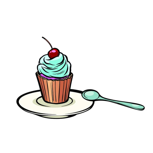 デザート スプーンとカップケーキ コミック漫画 Pop アート ベクトル レトロ ビンテージ図面 — ストックベクタ