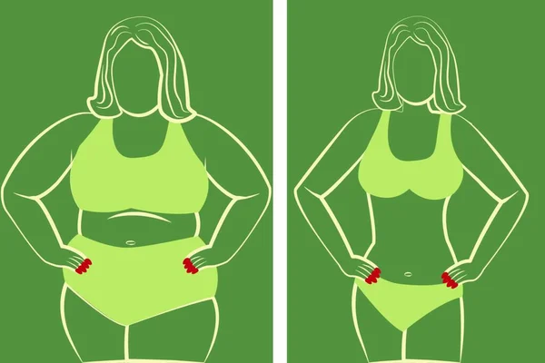 Kövér Karcsú Lány Előtt Után Fogyás Vektor Illúzió — Stock Vector