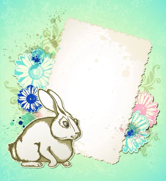 Вінтажний Вектор Великодня Листівка Кроликом Квітами — стоковий вектор