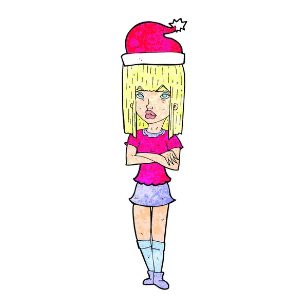 在交叉着双臂的圣诞帽子卡通女人 — 图库矢量图片