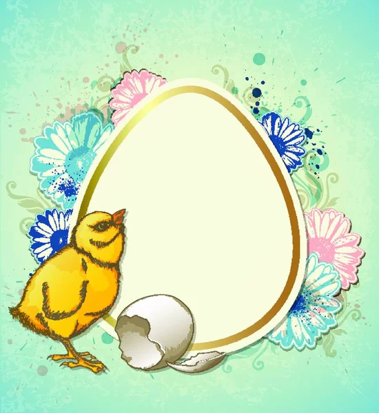 Vintage Ostern Hintergrund Mit Gelben Huhn Und Blumen — Stockvektor