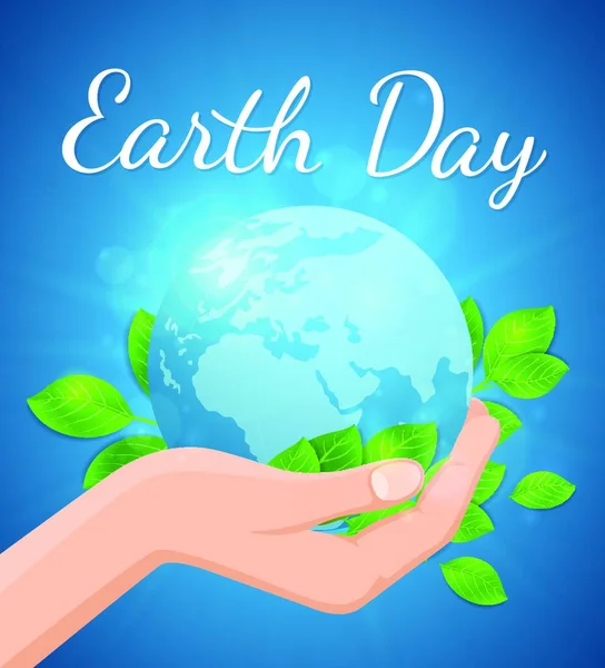 Планета Земля Зеленые Листья Руке Голубом Фоне Карточка День Земли — стоковый вектор