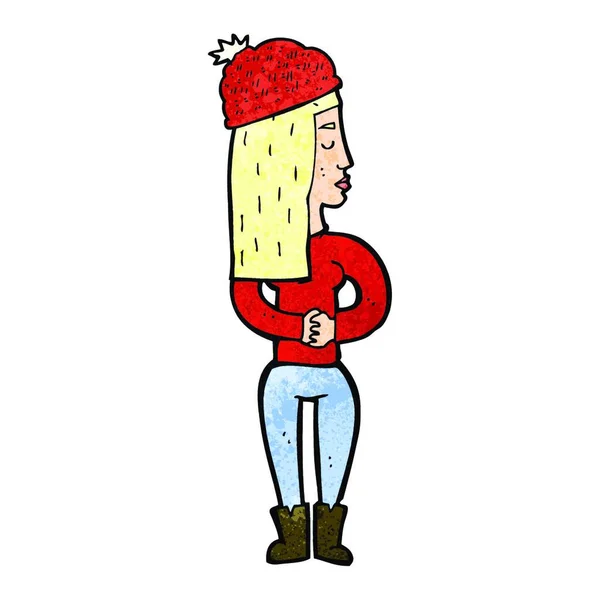 Cartoon Vrouw Dragen Winter Hoed — Stockvector