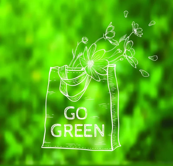 Sac Écologique Shopping Réutilisable Avec Des Fleurs Sur Fond Vert — Image vectorielle