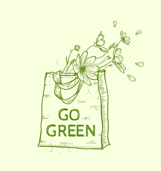 手描き花を持つ再利用可能なショッピング バッグです ベクトル図 — ストックベクタ
