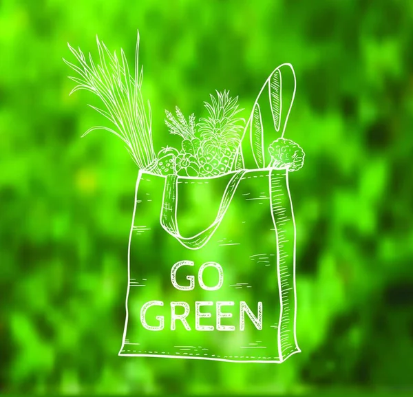 Sac Écologique Shopping Réutilisable Sur Fond Vert Flou Illustration Vectorielle — Image vectorielle