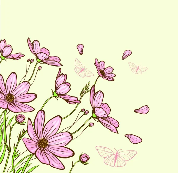 Декоративний Фон Рожевими Квітами Космосу Метеликами Рука Намальована Векторні Ілюстрації — стоковий вектор
