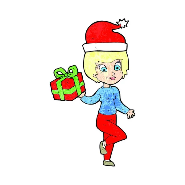 Cartoon Frau Mit Weihnachtsgeschenk — Stockvektor