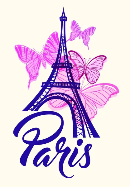 Romantic Background Eiffel Tower Pink Butterflies Vector Illustration — Stock Vector