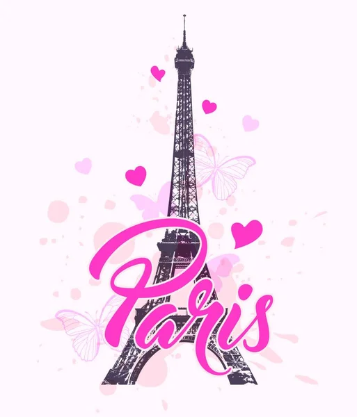 Romantické Pozadí Eiffelovou Věží Srdcem Růžovými Motýly Vektorová Ilustrace — Stockový vektor