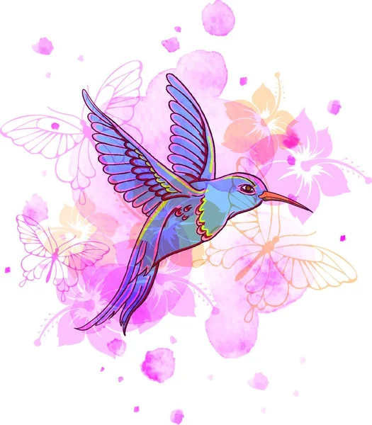 Fond Vectoriel Abstrait Avec Oiseaux Tropicaux Taches Aquarelle Rose — Image vectorielle