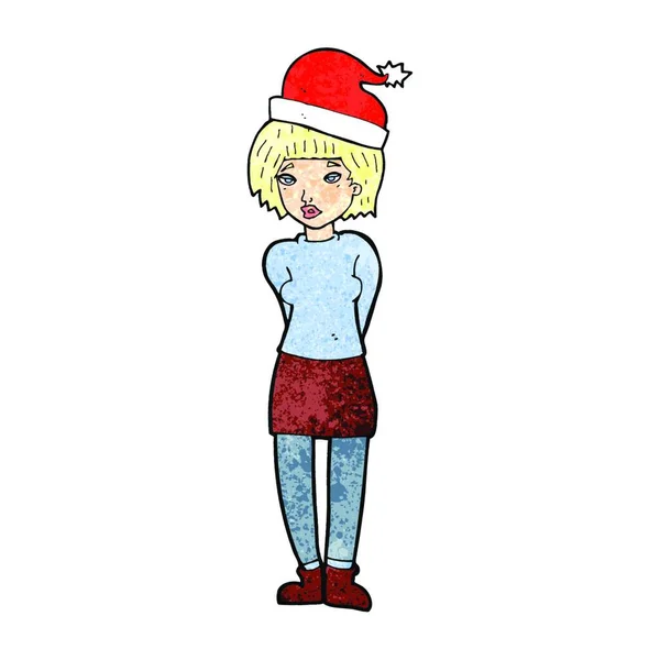 Γελοιογραφία Γυναίκα Φοράει Καπέλο Χριστούγεννα — Διανυσματικό Αρχείο