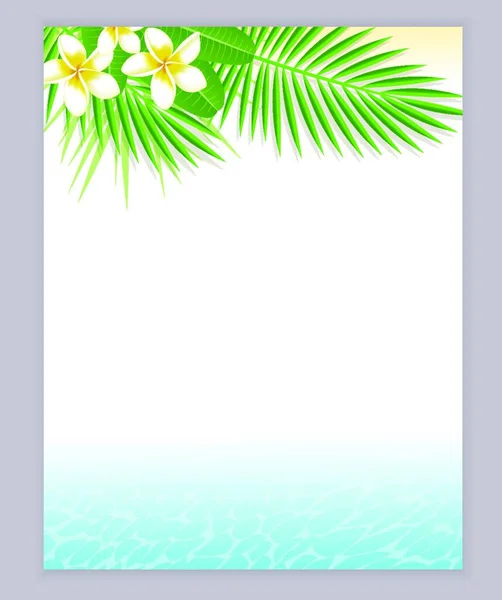 Fondo Decorativo Verano Con Hojas Verdes Flores Tropicales Agua Azul — Vector de stock