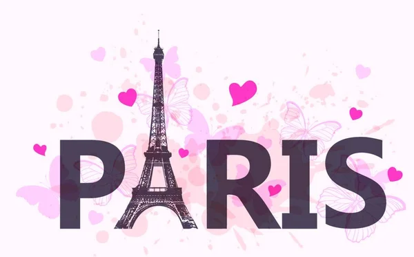 Fond Voyage Abstrait Avec Tour Eiffel Coeurs Papillons Roses Illustration — Image vectorielle