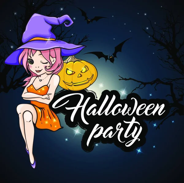 Roztomilá Mladá Čarodějnice Dýně Design Halloweenskou Párty Vektorová Ilustrace — Stockový vektor
