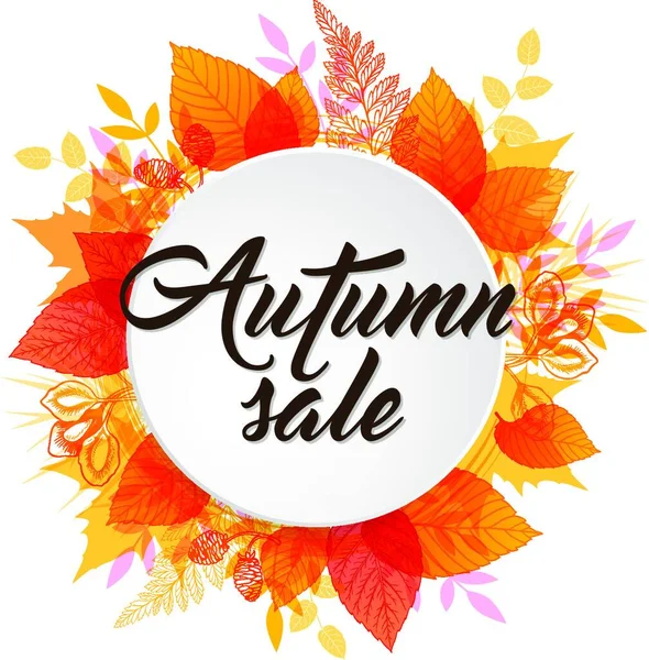 Abstract Autumn Banner Orange Yellow Falling Leaves Autumn Sale Lettering — Stock Vector
