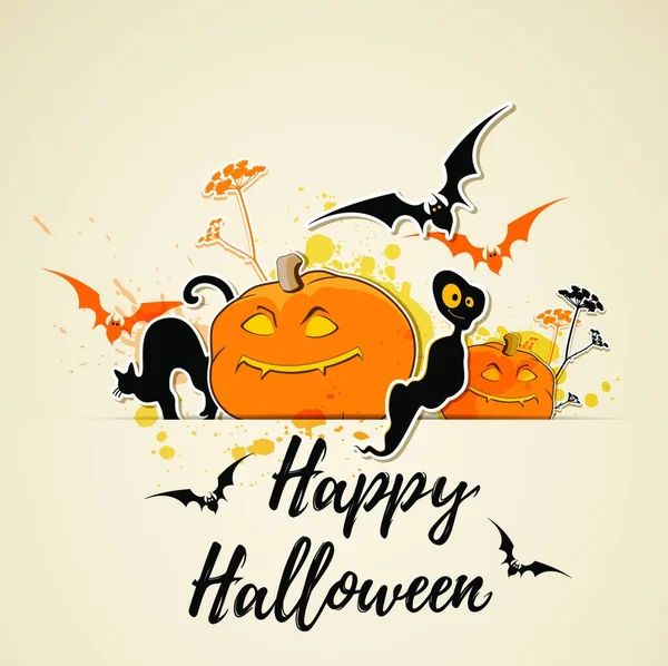 Halloween Vector Background Black Cat Ghost Pumpkins Happy Halloween Lettering — Stock Vector