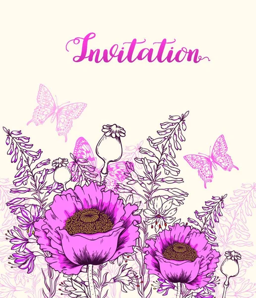 ピンクのケシ 蝶とベクトルの花の背景 手描きベクトルイラスト — ストックベクタ
