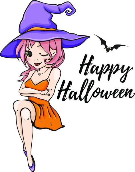 Söt Ung Häxa Vit Bakgrund Halloween Gratulationskort Handritad Vektor Illustration — Stock vektor