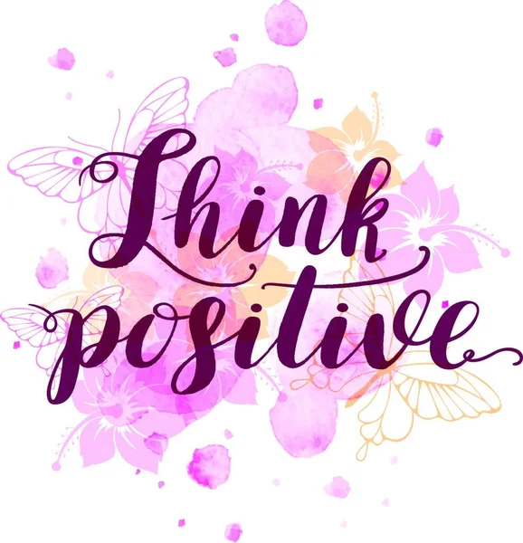 Αφηρημένο Φόντο Ροζ Κηλίδες Ακουαρέλας Λουλούδια Και Πεταλούδες Σκεφτείτε Θετικά — Διανυσματικό Αρχείο