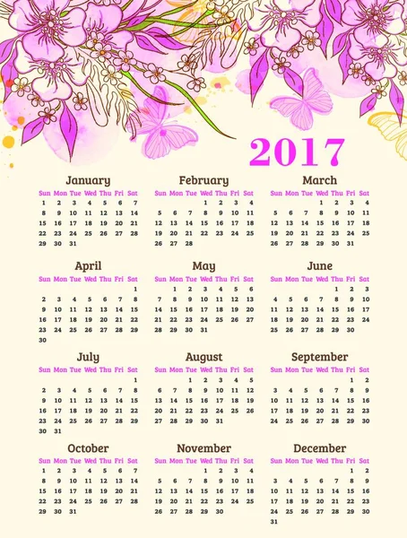 Ημερολόγιο 2017 Έτος Αφηρημένο Φόντο Ροζ Κηλίδες Ακουαρέλα Λουλούδια Και — Διανυσματικό Αρχείο