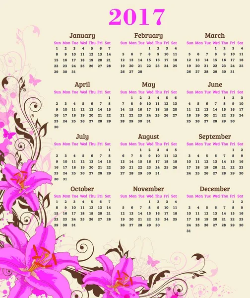 Kalender För 2017 Abstrakt Blommig Bakgrund Med Rosa Lilja Blommor — Stock vektor