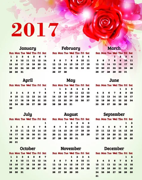 Kalendarz 2017 Rok Abstrakcyjne Tło Kwiatowe Czerwonymi Różami — Wektor stockowy
