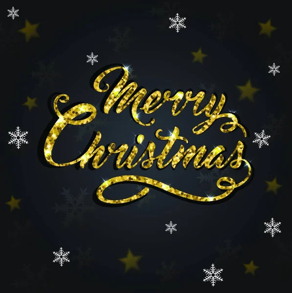 Iscrizione Auguri Natalizi Glitter Dorati Sfondo Nero Design Biglietti Natale — Vettoriale Stock