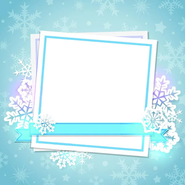 Weiße Papierkarte Und Schneeflocken Auf Blauem Hintergrund Weihnachtlicher Hintergrund — Stockvektor
