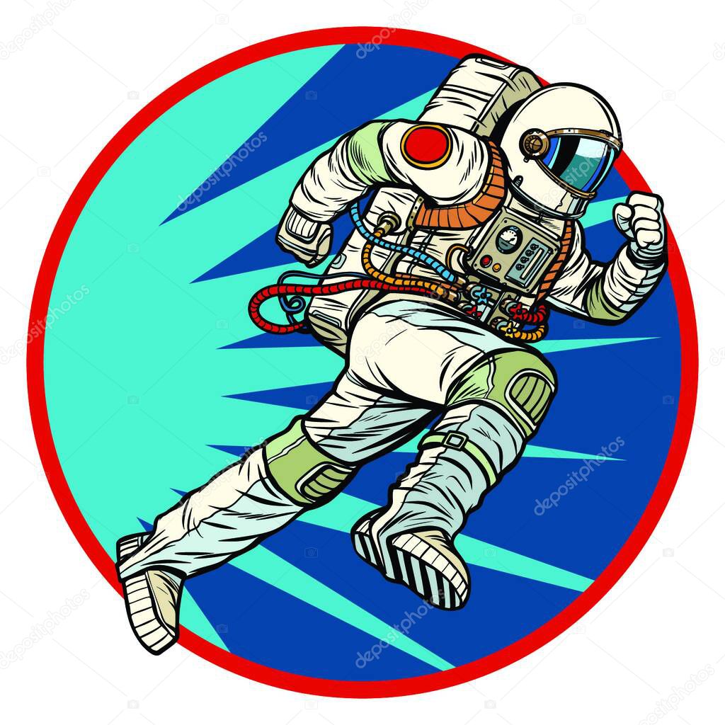 Astronaut runs forward round logo symbol icon. Pop art retro vector illustration vintage kitsch