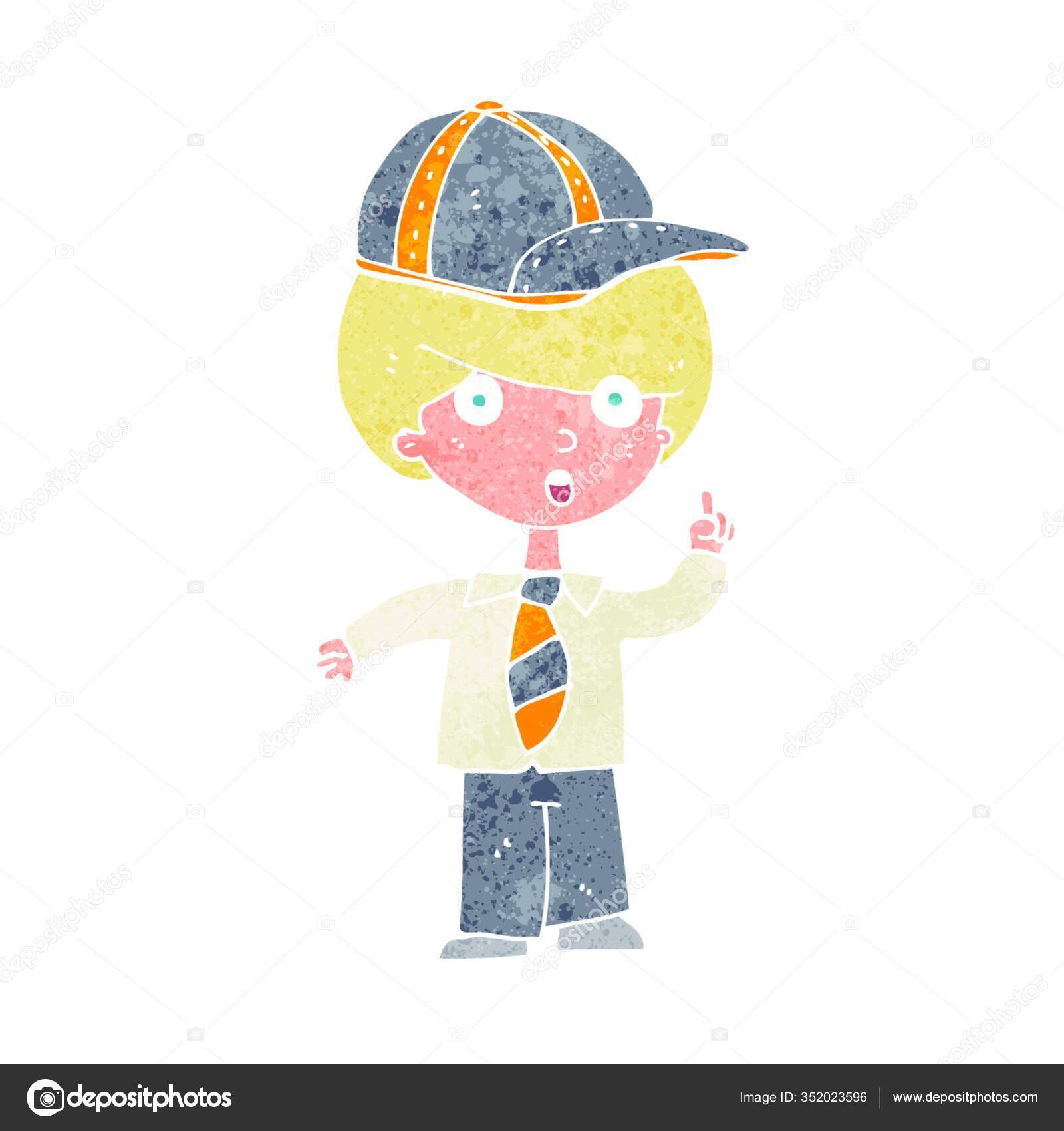 desenho de linha feliz de um menino acenando usando chapéu de