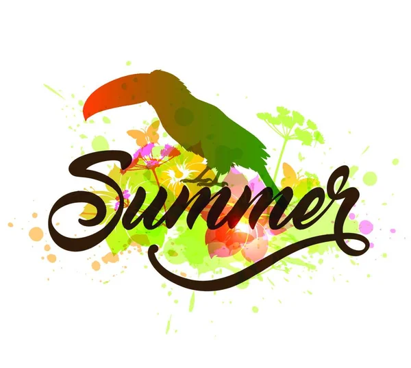 Abstrakte Sommer Tropischen Hintergrund Mit Silhouette Des Tukan Und Schriftzug — Stockvektor