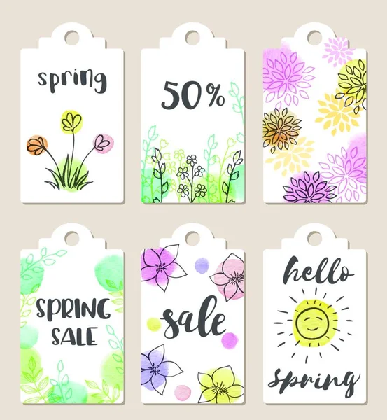 Conjunto Etiquetas Dibujadas Mano Para Venta Primavera Con Texturas Acuarela — Vector de stock