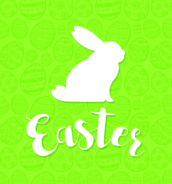 与绿色背景上的白色兔子剪影装饰复活节贺卡 — 图库矢量图片