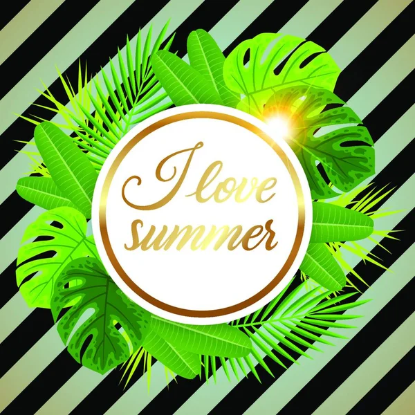 Летом Круглый Тропический Баннер Зелеными Пальмовыми Листьями Обожаю Летние Буквы — стоковый вектор