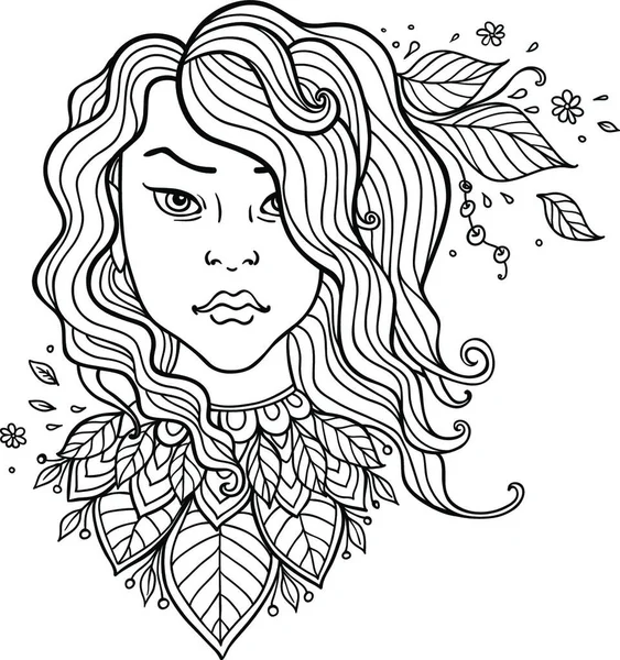 長い髪と葉を持つ手描きベクトルガール 黒と白の輪郭イラスト — ストックベクタ