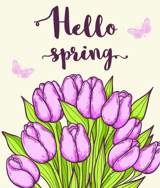 Fondo Decorativo Primavera Con Tulipanes Rosados Letras — Vector de stock