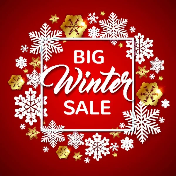 Decorative Winter Frame White Golden Snowflakes Red Background Design Seasonal — Stock Vector