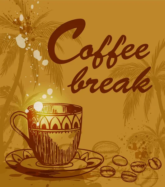 Achtergrond Met Kopje Koffie Koffiebonen Palmboom Handgetekende Vector Illustratie Vintage — Stockvector