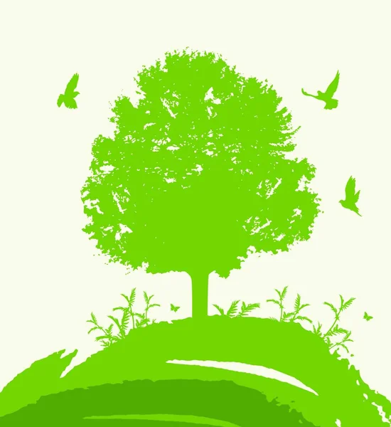 Abstract Vector Achtergrond Met Groene Boom Vogels Ecologie Concept — Stockvector