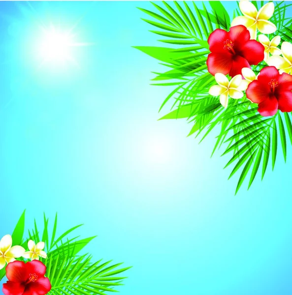 花やヤシの葉を持つ青い夏の熱帯の背景 — ストックベクタ