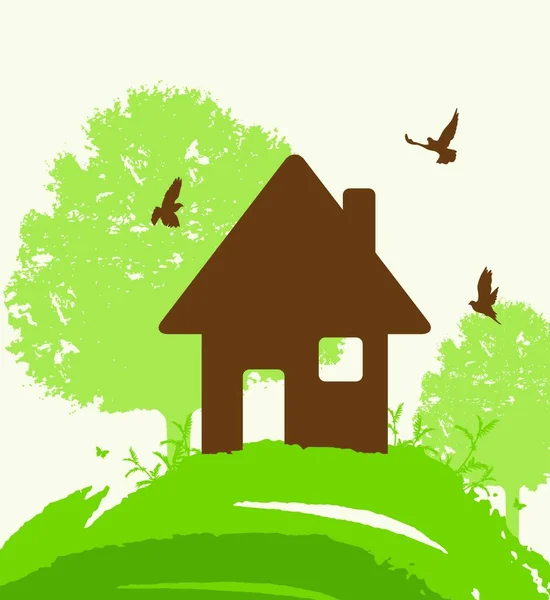 Ιστορικό Πράσινο Δέντρο Πουλιά Και Σπίτι Οικολογική Έννοια Σπίτι — Διανυσματικό Αρχείο