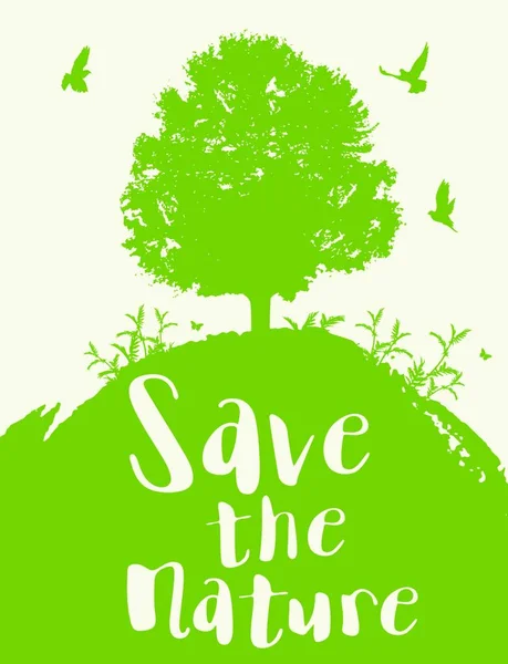 Fundo Verde Com Árvore Pássaros Conceito Ecologia Salve Letras Natureza — Vetor de Stock